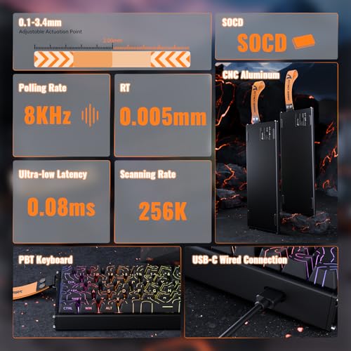 ATTACK SHARK X68MAX HE Teclado gamer de alumínio com fio de gatilho rápido,precisão de 0,005 mm,interruptor magnético de efeito Hall,taxa de pesquisa de 8000 Hz,latência de 0,08 ms,RGB(Contorno Preto) - Imagem 9