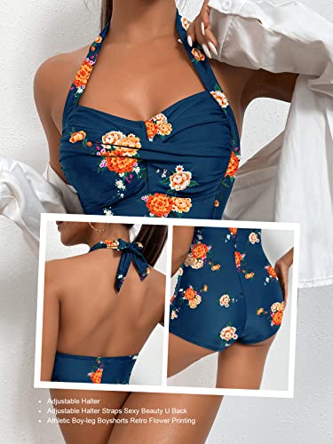 Molybell Boyleg Ruched Swimsuit Tummy Control Floral Monokini Boyshort Swimsuit Halter Vintage Bathing Suit Athletic Training One Piece Swimwear (Blue Flower, Large) #TOP4