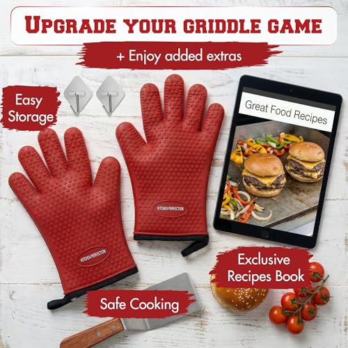 Image of KITCHEN PERFECTION Silicone Oven & Griddle Gloves -Extreme Heat Resistant BBQ & Grilling Gloves -Handle Hot Food Right on Your Griddle |Waterproof Oven Mitts Grill Gloves |Superior Set+3 Bonuses