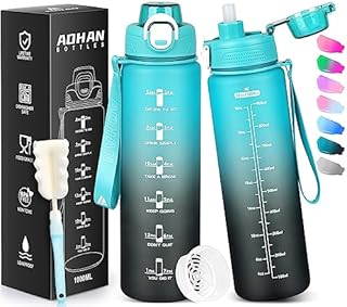 AOHAN Butelka na wodę 1l, Tritan Free BPA, motywacja sportowa butelka z filtrem i markerem czasu, wodoodporna butelka ze słomką do uprawiania sportu, wędrówek, szkoły, biura