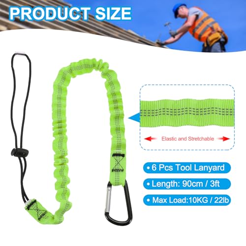 Image of MECCANIXITY Retractable Tool Lanyard 3ft with Single Aluminum Buckle and Adjustable Loop End, Maximum Weight Limit 10KG / 22lb, Safety Fall Protection Tools Leash, Green 6 Pack
