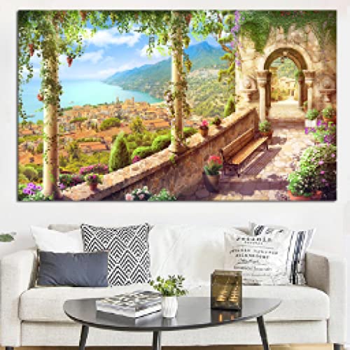 Peinture sur toile de maître paysage lac vintage et fleurs, affiche d'art mural de salon