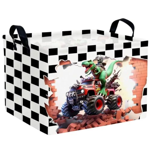 Monster Truck Storage Bin Collapsible Boys Car Gift Basket Organizer Kids Racing Room Bedroom Decor(Grid Dinosaur Monstertruck)