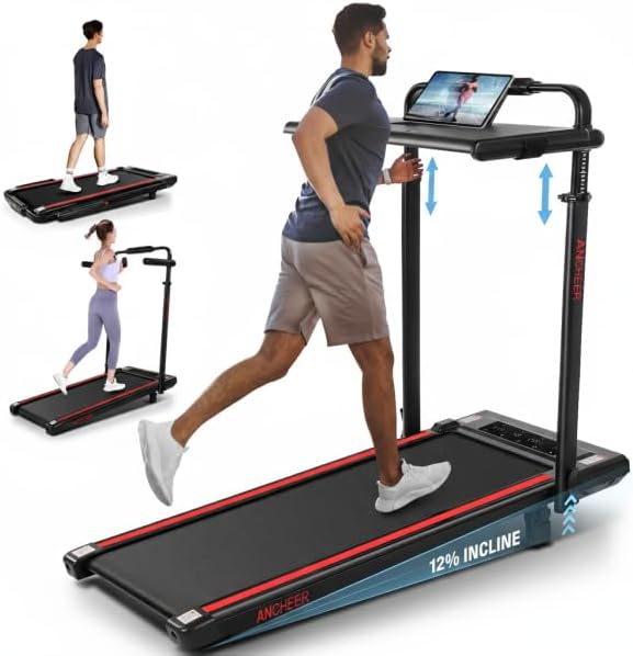 Walking Pad Treadmill with 12% Incline, 8 in 1 Folding Treadmill 300lbs Capacity for Home Office with Handle Bar, 2.5HP Under Desk Walking Pad with Removable Desk Workstation, Remote Control & Red - Image 1 of 8