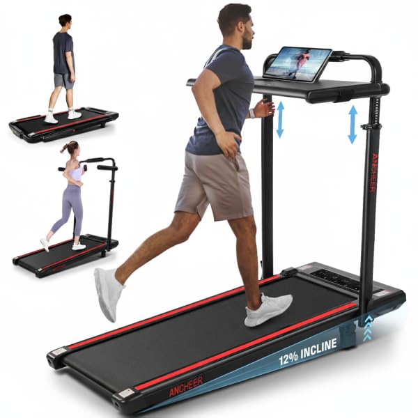Image of Walking Pad Treadmill Adjustable Height, Under Desk Treadmills with Handle Bar and Incline, 300lbs Capacity Foldable Treadmill with Removable Desk Workstation, Installation-Free(Black red)