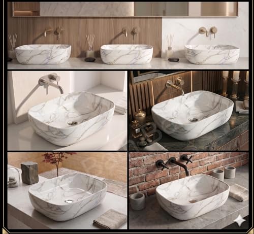 Image of Designer Ceramic Wash Basin For Bathroom | Over Counter Bathroom Basin | Counter Top Bathroom Sink | Wash Basin For Restaurant, Hotel (18 x13 x 5 Inch) (Designer White)