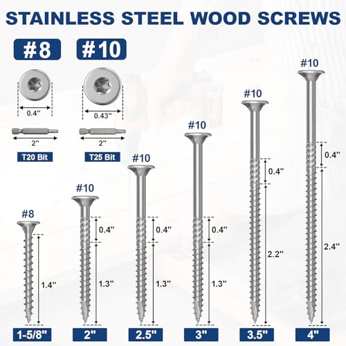 Image of #10 x 3.5 Stainless Steel Deck Screws, 150Pcs 410 Grade Stainless Steel | T25 Star Bit Deck Screws,Rust Resistant Timber Screws for Log Landscaping Wood