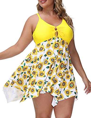 Hanna Nikole Women's One Piece Plus Size Slimming Swimsuit Swimdress with Boyshort 28W Sunflower