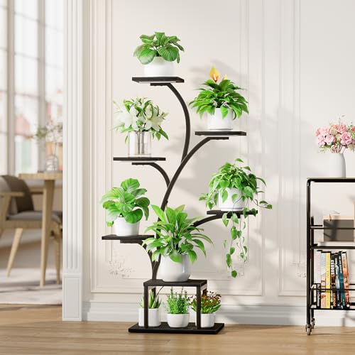 Image of BACEKOLL Plant Stand Indoor with Grow Lights, 7 Tiered Indoor Plant Shelf, 49 inch Corner Plant Stands for Indoor Plants, Metal Plant Flower Display Shelf, Tree-Shaped Plant Rack for Home, Black