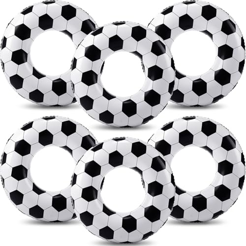 Outus 6 Pcs Soccer Pool Float Soccer Inflatable Pool Ring Floats Sport Inflatable Floats Swimming Tubes for Beach Sport Lake Summer Birthday Party Decoration Supply (30 Inch,Black,White)
