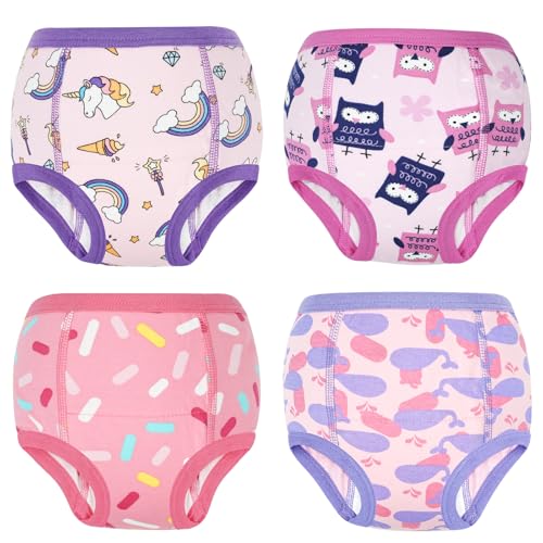 FLYISH DIRECT - FLYISH DIRECT Culottes d’apprentissage Enfant– Lot de 4 Culottes Apprentissage Propreté Fille 100% Coton, Couches Anti-fuite Absorbantes, Réutilisables & Lavables – Licorne et Baleines, 4 ans