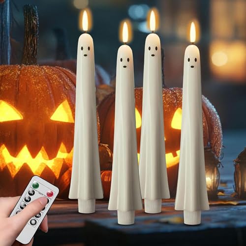 CHENRI 4PCS Ghost Flameless Taper Candles with Remote and Timer Flickering Ghost Taper Candles 3D Spooky Ghost Halloween LED Candle Battery Operated Cute Ghost Taper Candle for Home Party Decor
