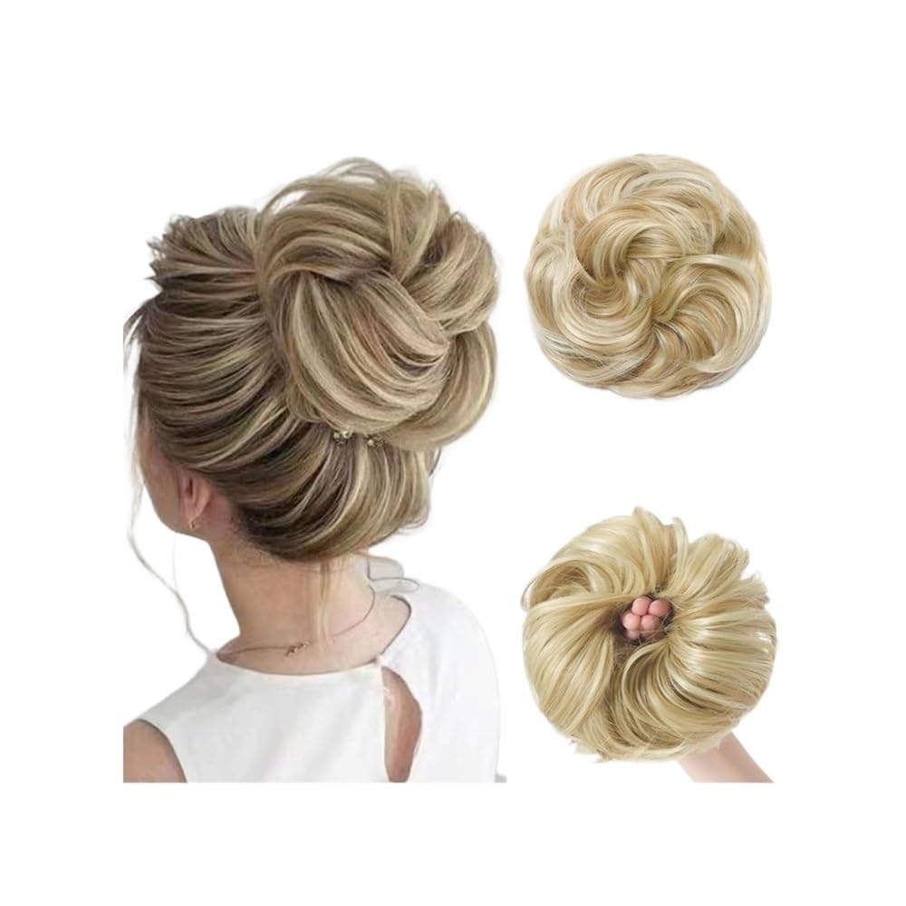 QRSTUVXZY Messy Bun Hair Piece Curly Synthetic Extensions Scrunchies Fake Chignon Updo Hairpieces for Women(Dirty Blonde Highlights)