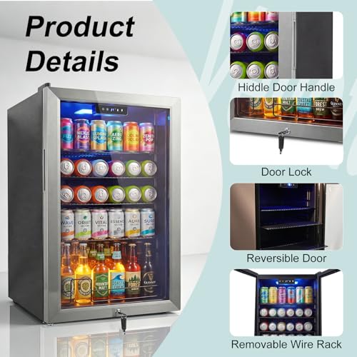 Image of 20 Inch Beverage Refrigerator - 145 Can Small Beverage Fridge for Home Office Bar, 3.4 Cu.Ft Drink Cooler for Soda Beer with Reversible Door, Digital Temperature Control