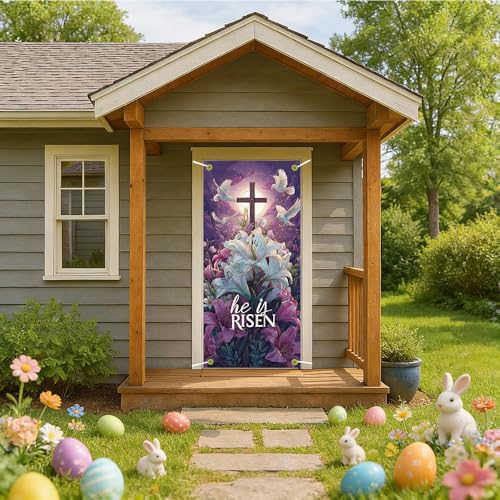 Image of Religious Easter Door Cover He is Risen Cross Door Banner Scripture Easter Door Covers for Front Door Christian Easter Decorations 35x71 Inch