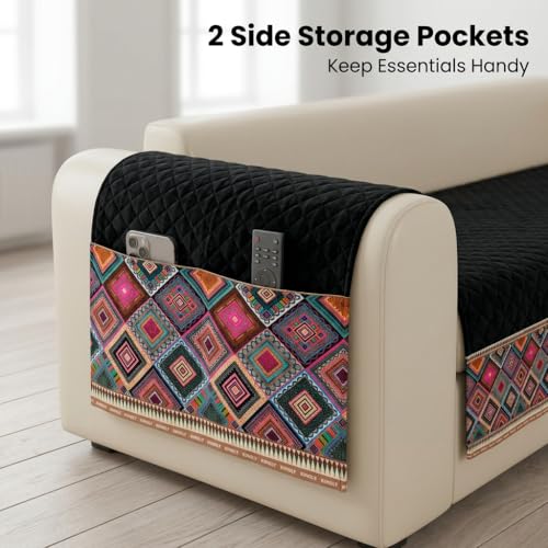 Image of KINGLY Armrest Cover with Pocket | Anti-Slip Sofa Arm Protector | Washable Arm Cover | Black Multicolor