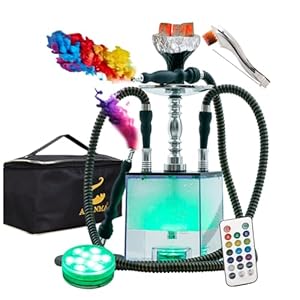 2 Hose Hookah Set With Travel Case Clean Brush, Micro Cube Acrylic Hookah with Silicone Hookah Bowl 2 Leather Hose Foil Sheet Coal Tongs Magical Remote LED Light for Better Shisha Narguile Smoking