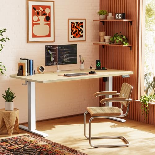 Image of Huuger Electric Standing Desk with Power Outlets and USB-C Port, 55 X 24 Inch Height Adjustable Desk, Sit Stand Desk for Home Office, Computer & Gaming Desk with 4 Presets, Stable Steel Frame, Marple