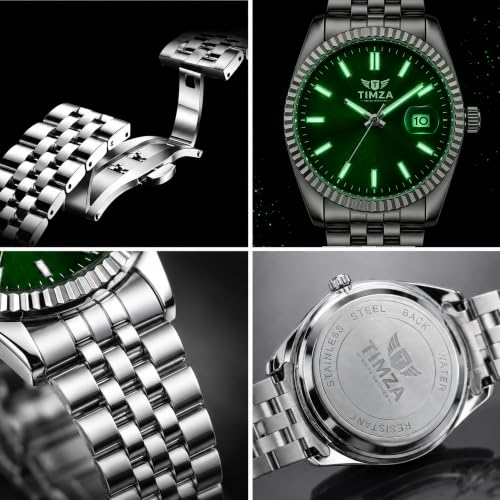 Image of Classic Green Dial Quartz Watch for Men with Stainless Steel Two Tone Bracelet (Silver-Golden), Magnified Date Window & Water Resistant Build