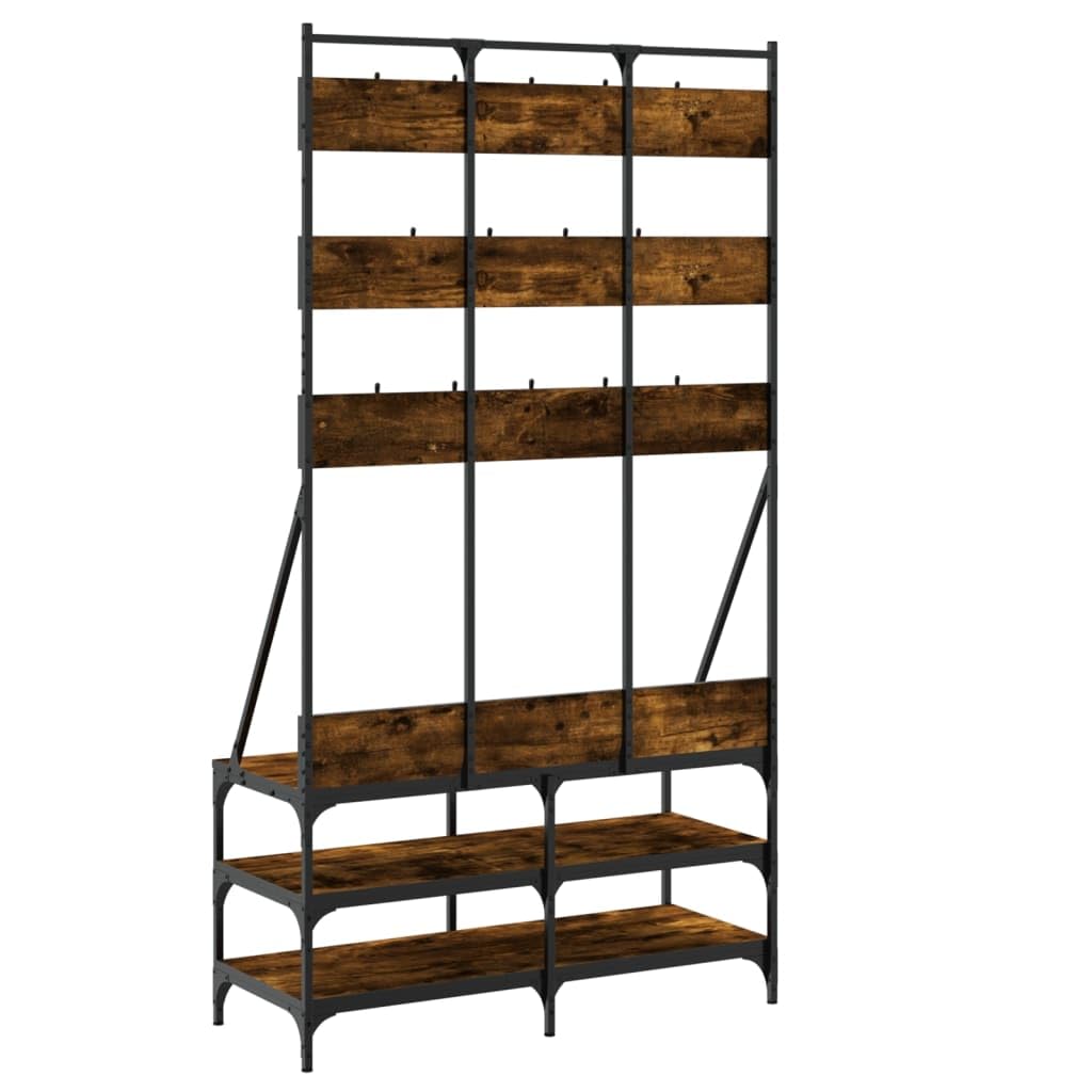 Kleiderständer mit Schuhablage Räuchereiche Holzwerkstoff und Metall 100x40x184 cm freistehend mit Haken und Rollen platzsparend für Schlafzimmer Flur Ordnung