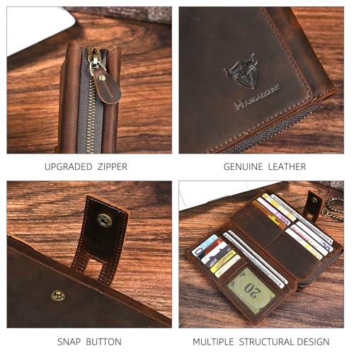 Image of Genuine Crazy Horse Leather Travel Gift Coin Pocket Card Case Long Organizer Chain Rfid Wallet Purse With Snap For Men Male 1803 1815 (W-1819-Brown)