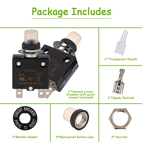 Eplzon 25A Manual Reset Push Button Circuit Breaker 125/250V Ac 50V Dc Thermal Overload Protector With Quick Connect Terminals And Waterproof Button Caps Assortment Kit(Pack Of 2 Pcs) #TOP5
