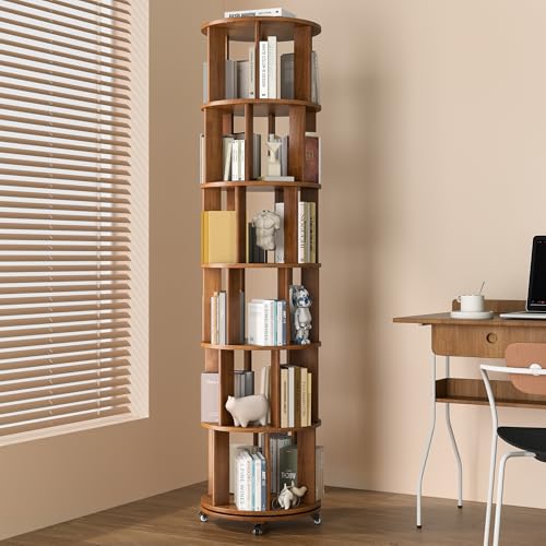 IUNVR Rotating Bookshelf, 6 Tier Solid Wood Bookshelf Tower with Lockable Wheels, 360° Spinning Revolving Bookcase for Small Spaces, Corners, Bedroom, Kids Room, Home Office, Walnut