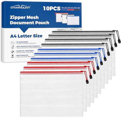 Charmount Bolsa de malha A4 com zíper, pastas organizadoras de documentos de plástico à prova d'água, sacos de arquivo multiuso para escritório, escola, brinquedos, jogos de tabuleiro, quebra-cabeças