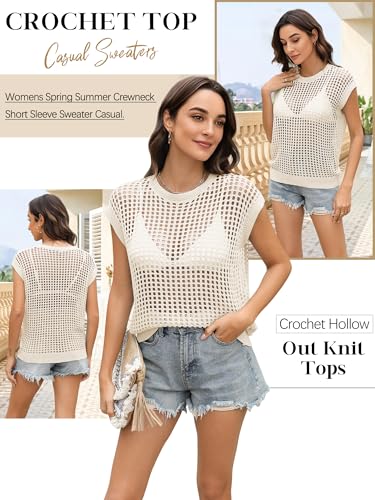 Image of Womens Summer Crochet Tops Hollow Out Cap Sleeve Cover Up Tank Top Pullover Sweater Vest Beach Vacation Clothes