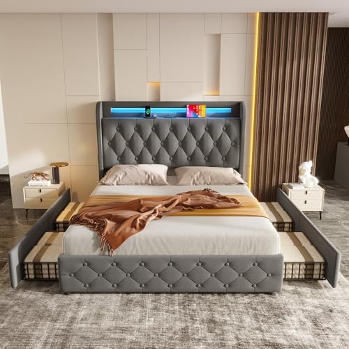 ECLIVON Cama Matrimonio 140x190, Cama Tapizada con Iluminación LED y USB, Estructura Cama Doble con Cajones Almacenamiento, Camas con Cabecero y Soporte de Láminas, Sin Colchón, Terciopelo (Gris)