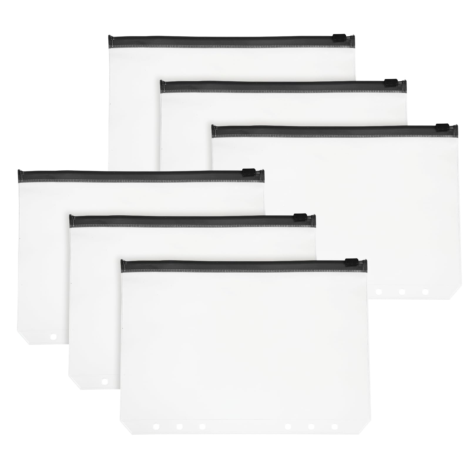 PATIKIL A5 Binder Pocket, 6 Pack 6 Holes Zipper Binder Pouch Budget Stuffing Envelopes Clear Storage Pocket Waterproof for Budget Planning Loose Leaf Bags, Black Zip/Clear Pouch