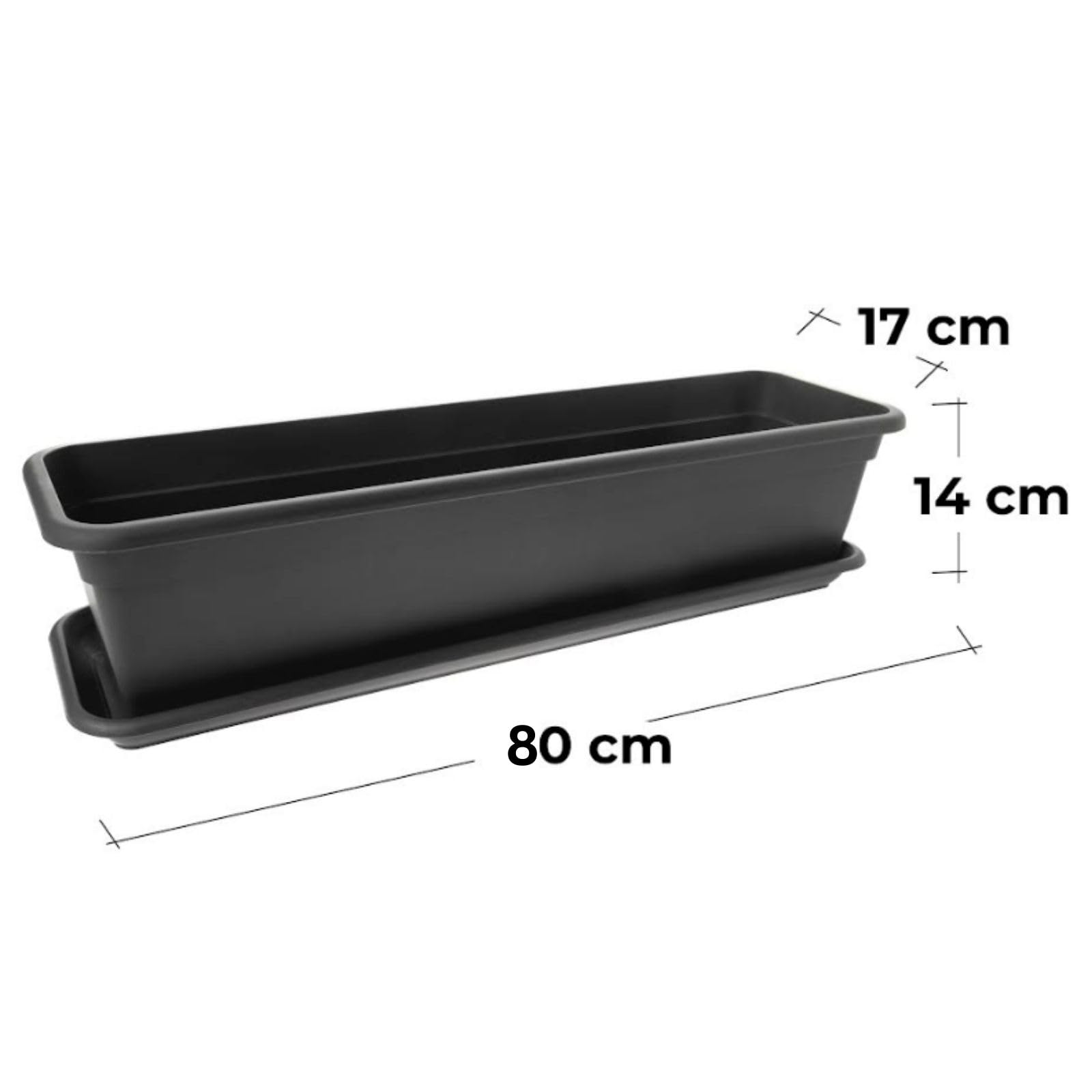 2friends Jardinera para balcón de 80 cm con plato, jardinera para balcón, alféizar exterior, juego de 6 jardineras para balcón, jardineras, de plástico de alta calidad, antracita, rectangular, modelo: