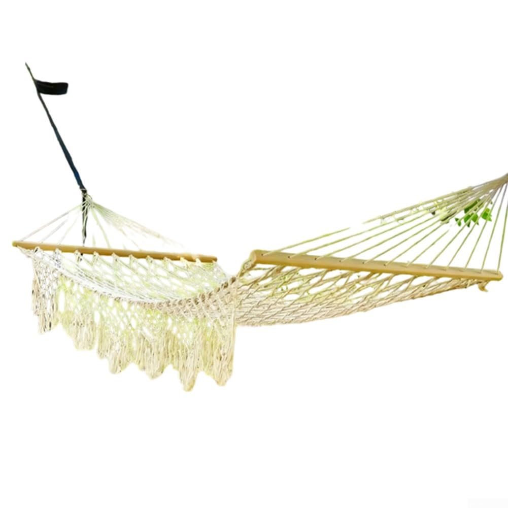Hamacas grandes de cuerda de algodón con barras separadoras de madera dura, cama colgante tejida a mano para patio al aire libre, patio, jardín, piscina y uso en interiores (sin borlas)