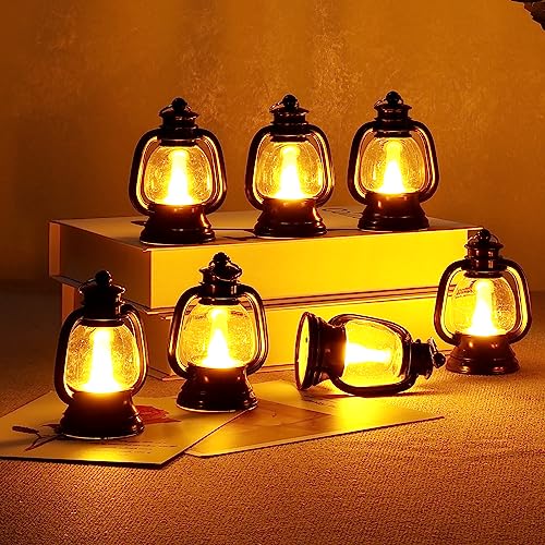 12 mini faroles con luz LED decorativos, faroles de vela LED de 7 cm, lámpara vintage de huracán, faroles de Navidad para interiores para sala de estar, fiesta de cumpleaños, decoración de centro de