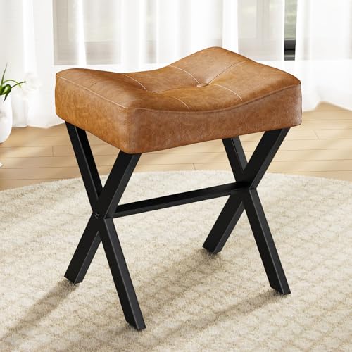 Image of Memobarco 18-Inch Leather Vanity Stool Chair, Vanity Bench with Metal X-Leg, Ottoman Accent Stool with Thick Padded Saddle Seat, Brown