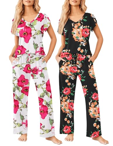 Image of Ekouaer 2 Pack Womens Pajamas Short Sleeve Sleepwear Top with Pants Super-Soft Printed Lounge Sets S-XXL