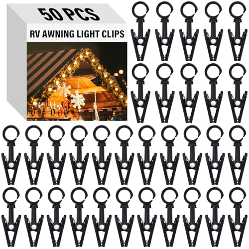 Beeveer 50 Pack Curtain Hooks with Clips RV Camper Awning Lights Clips 360 Trailer Stainless Steel Ring with Hangers for Camper Awning String Lights Photos Display Banner Party Decor(Black)