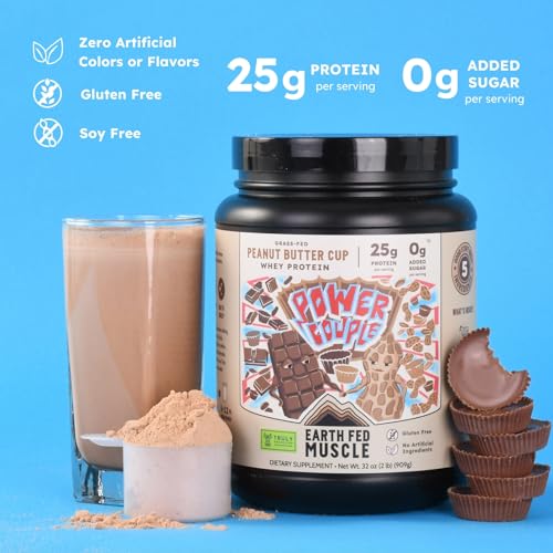 Image of Earth Fed Muscle Power Couple Irish Grass Fed Whey Protein Isolate, Third-Party Certified. 25g Protein, Peanut Butter Cup - Non-GMO, Hormone Free, Soy Free, Gluten Free - 2 LB, 26 Servings