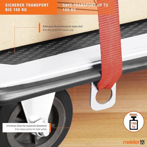 Meister Plattformwagen - Klappbar - Bis 150 kg Tragkraft - Feststellbremse / Transporthilfe mit Lenkrollen / Paketwagen mit Antirutsch-Beschichtung / Klappwagen aus Stahl / 8985530