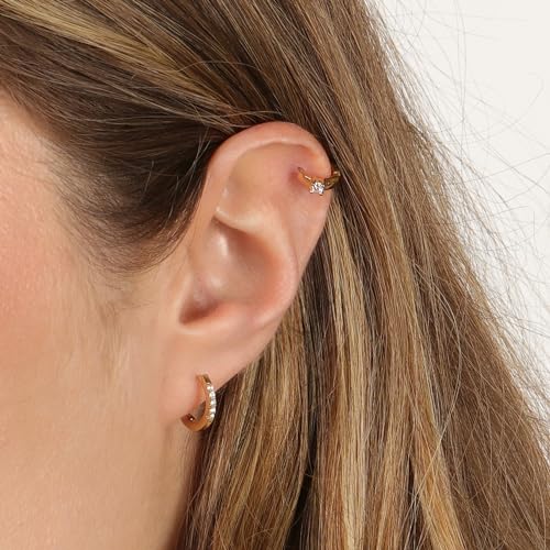 Lavari Jewelers Lab Grown Diamond Huggie Hoop Earrings for Women - 18k Yellow Gold Plated 925 Sterling Silver Earrings for Her (F-G, VS1-VS2, 0.10 cttw) Petite Hypoallergenic Snap-In Hinged Hoops 5