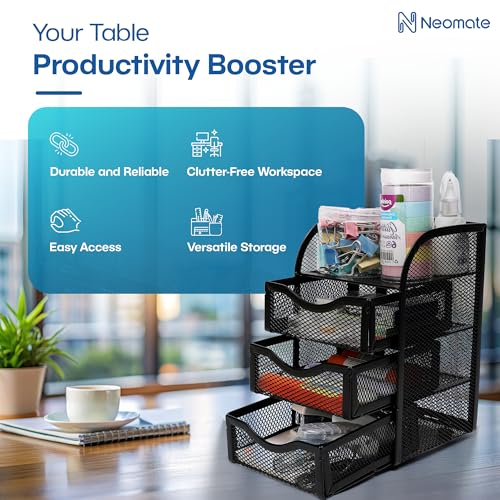 Image of Neomate 3-Drawer Metal Mesh Mini Desk Organizer with Top Tray | Multi-Purpose Stationery Storage for Home & Office | Black -13D x 12.5W x 20H cm