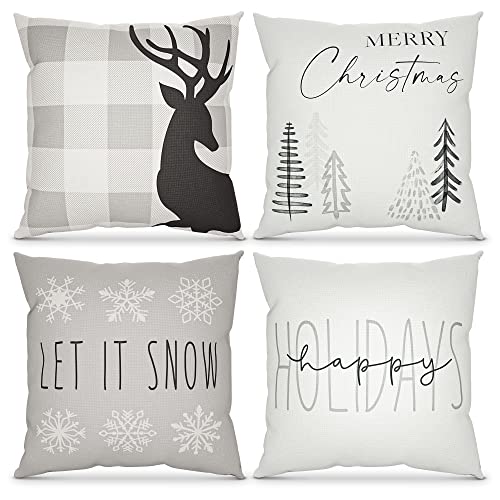 Beautiful Christmas Pillow Covers 18" X 18" - 4 Modern Farmhouse Design Throw Pillow Covers - These Buffalo Plaid Holiday Decor Accents Are The Perfect Addition To Your Indoor/Outdoor Home Decoration #TOP11