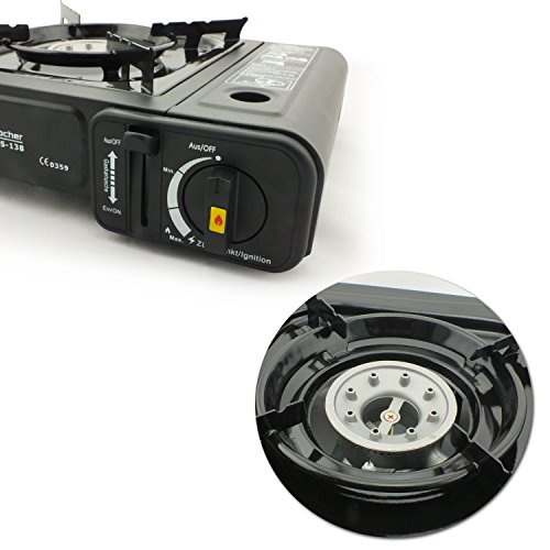 Rsonic Schwarz Gaskocher mit Alu kochfeld + 4x Butan gas kartuschen geeignet für für Garten, Terrasse, Picknick, Ersatz Ofen bei Stromausfall, Camping usw-3