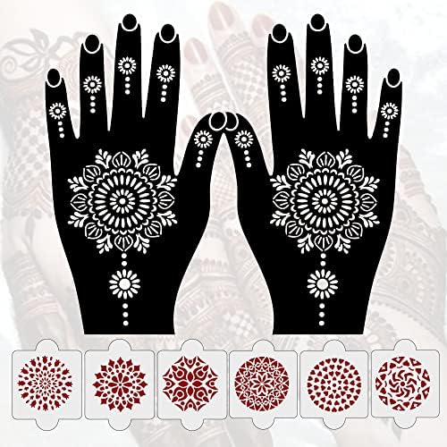 Ivana's Pack of 8 Pcs (2 Pcs Heena Stencil Tatto + 6 Pcs Laser Cut PVC Reusable Heena Stencils), Heena Mehandi Sticker,Mehandi Stickers for Full Hand for Women, Girls and Kids, Easy to Apply,IVNH-1045
