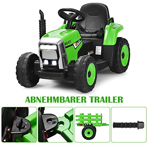 COSTWAY 12V 3-Gang Traktor mit abnehmbarem Anhänger und 2,4G Fernbedienung, Kinder Aufsitztraktor mit LED Lichtern, Musik, Hupe & USB Funktionen, geeignet für Kinder ab 3 Jahren (Grün)