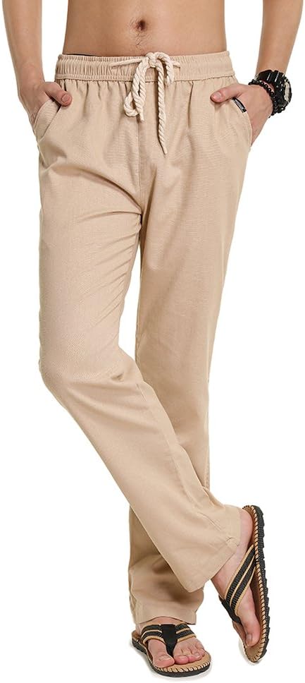 SOIXANTE Men's Casual Linen Trousers Elastic Waist Pants with Drawstring , 180425m-Beige, 2XL(Asia 4XL):Waist Size: 36-38 inch