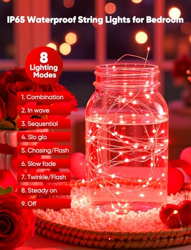 Image of Minetom 12 Pack Red Battery Operated Fairy String Lights 8 Modes | 7ft 20LED Waterproof Silver Wire Twinkle Lights, Firefly Starry Moon Lights for Mason Jars DIY Christmas Wedding Part