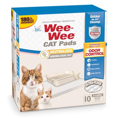 Image of Four Paws Wee-Wee Cat Pee Pads, Disposable Litter Box Mats, Advanced Multi-Cat Odor Control, Fast Absorption Cat Box Pee Pads for Litter Tracking, 28 inch x 30 inch, Unscented, 10 Count