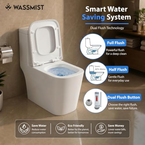 Image of WASSMIST Commode Toilet | Floor Mount One Piece Western Toilet for Bathroom with 10 Year Glaze Warranty | Rimless Tornado Washdown Flush | PP Soft Close Seat Cover | 225 mm S Trap
