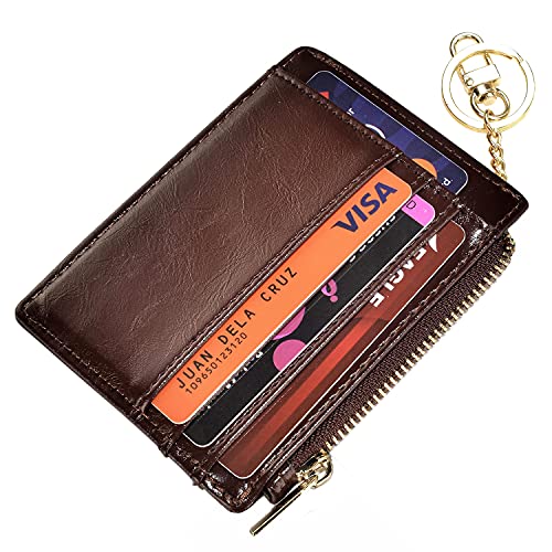 Image of woogwin Slim RFID Credit Card Holder for Women Mini Front Pocket Wallet Purse With Keychain, Oil Coffee, small, Classic